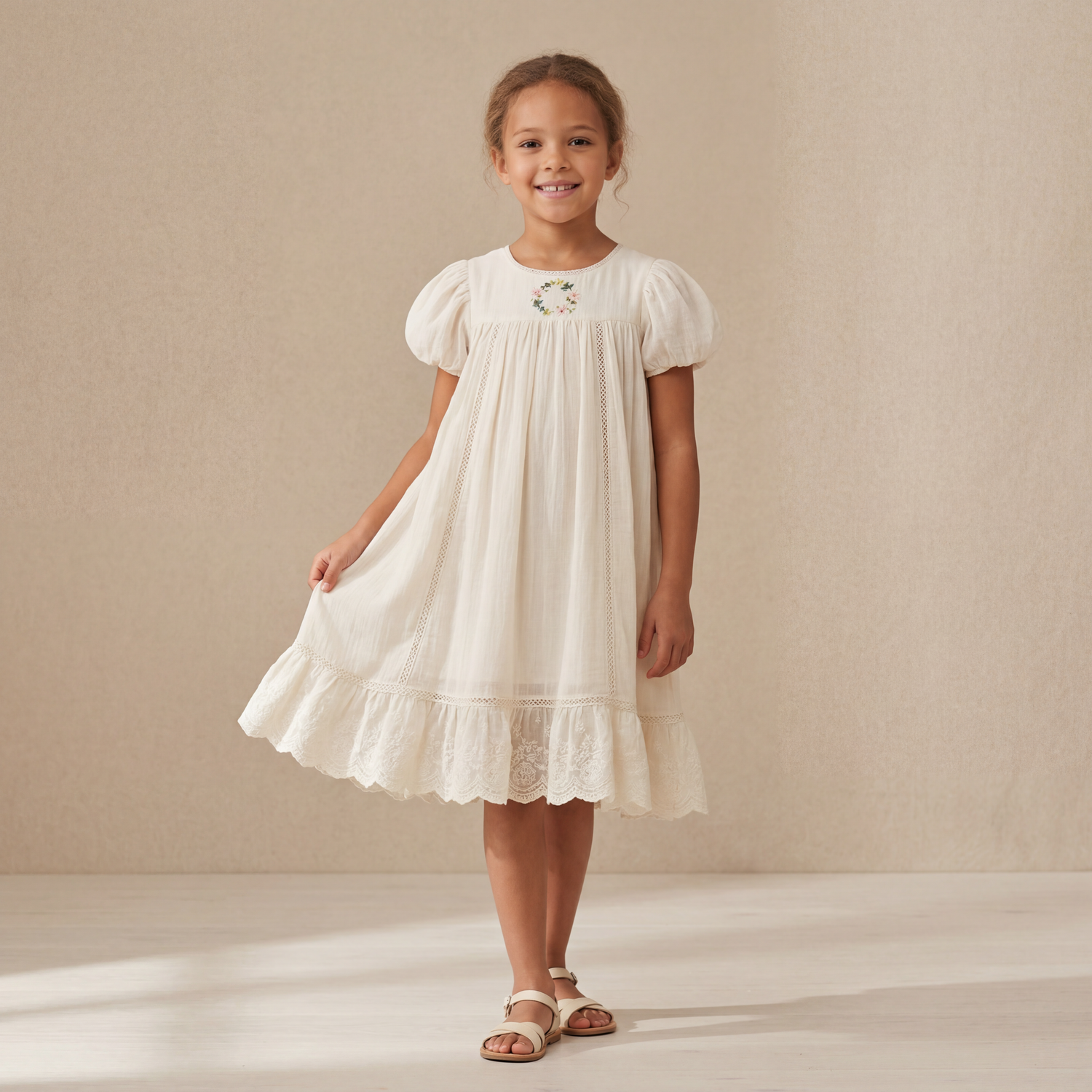 Girls Cream Smocked Dress with Ruffle Hem