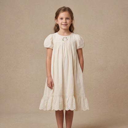 Girls Cream Smocked Dress with Ruffle Hem