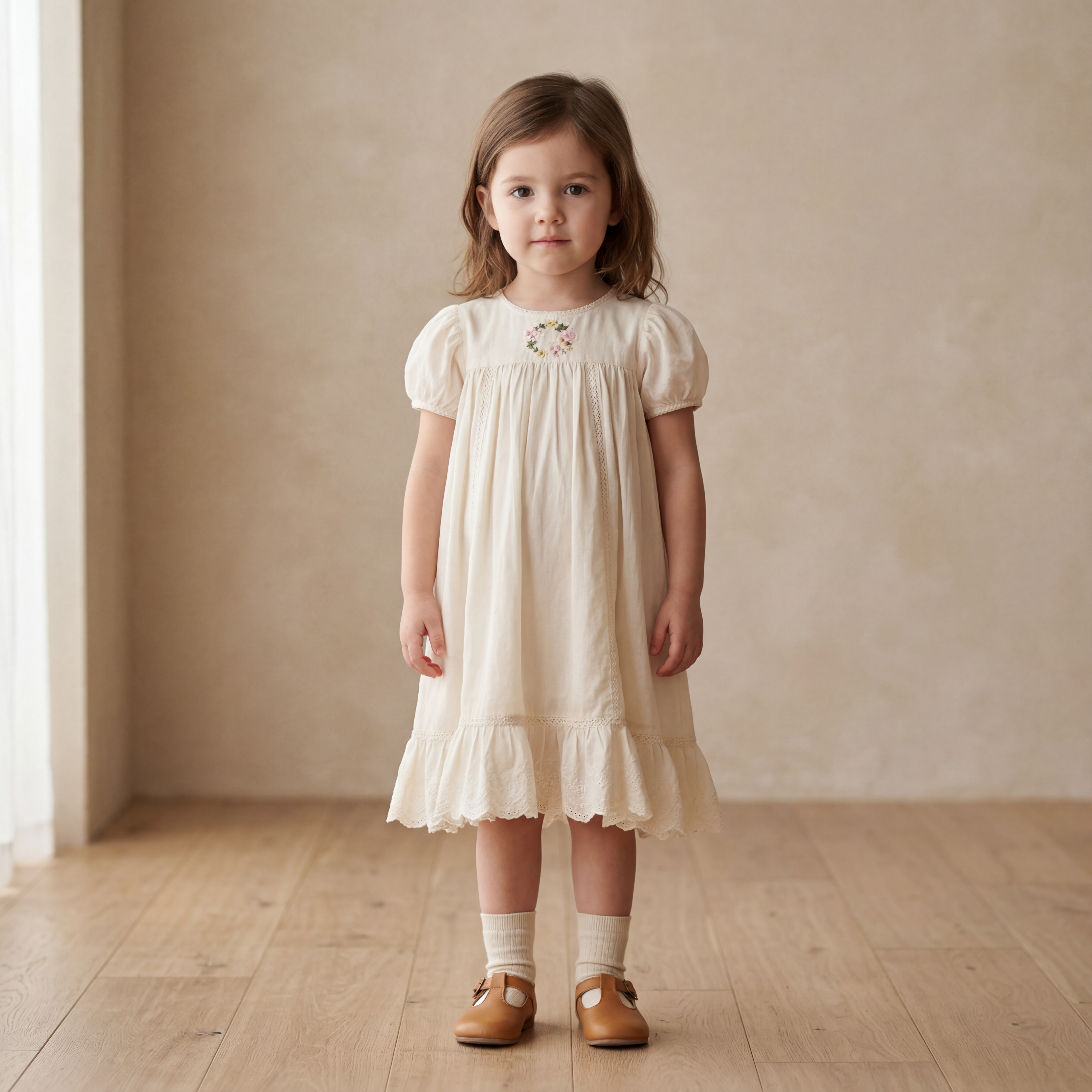 Girls Cream Smocked Dress with Ruffle Hem