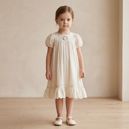 Girls Cream Smocked Dress with Ruffle Hem