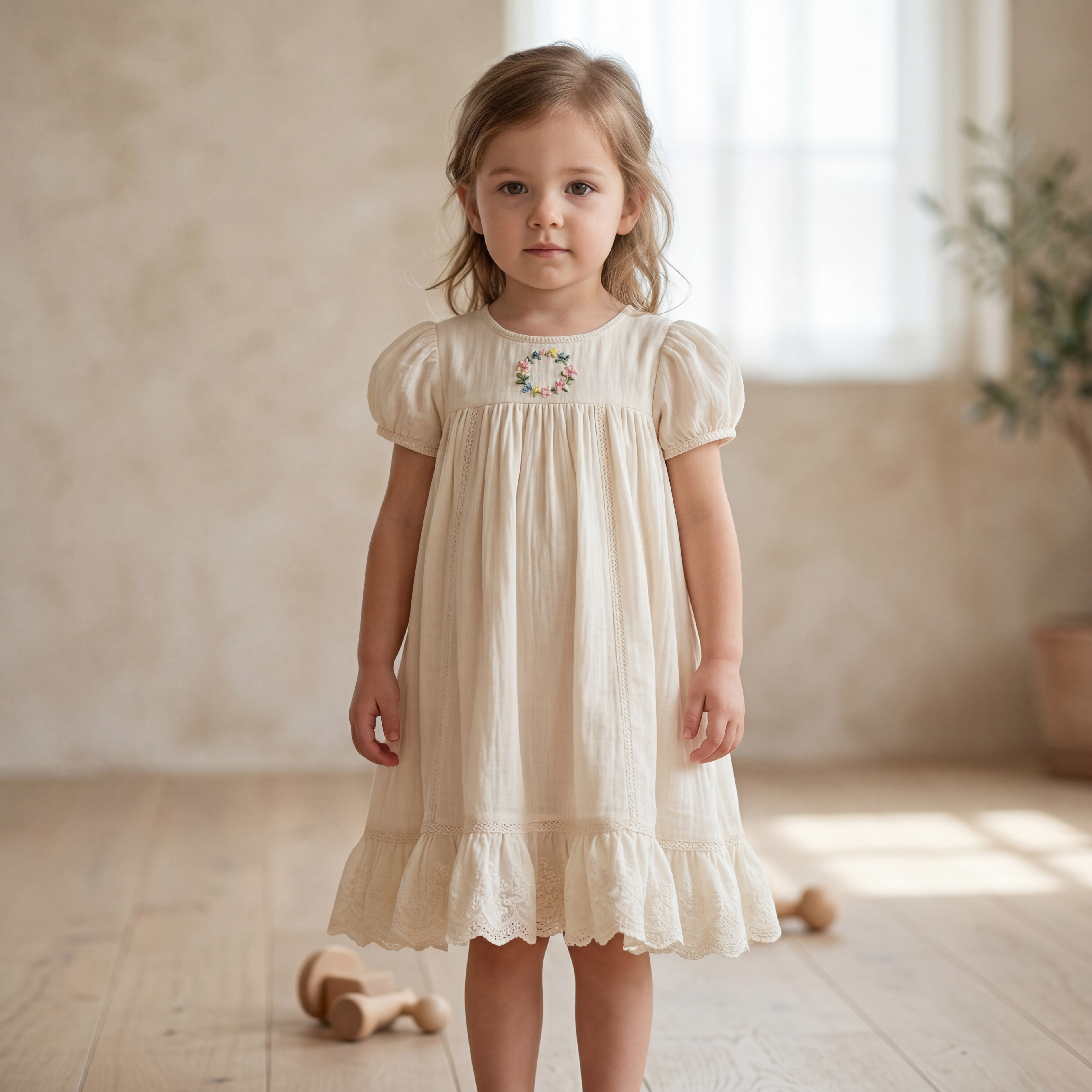 Girls Cream Smocked Dress with Ruffle Hem