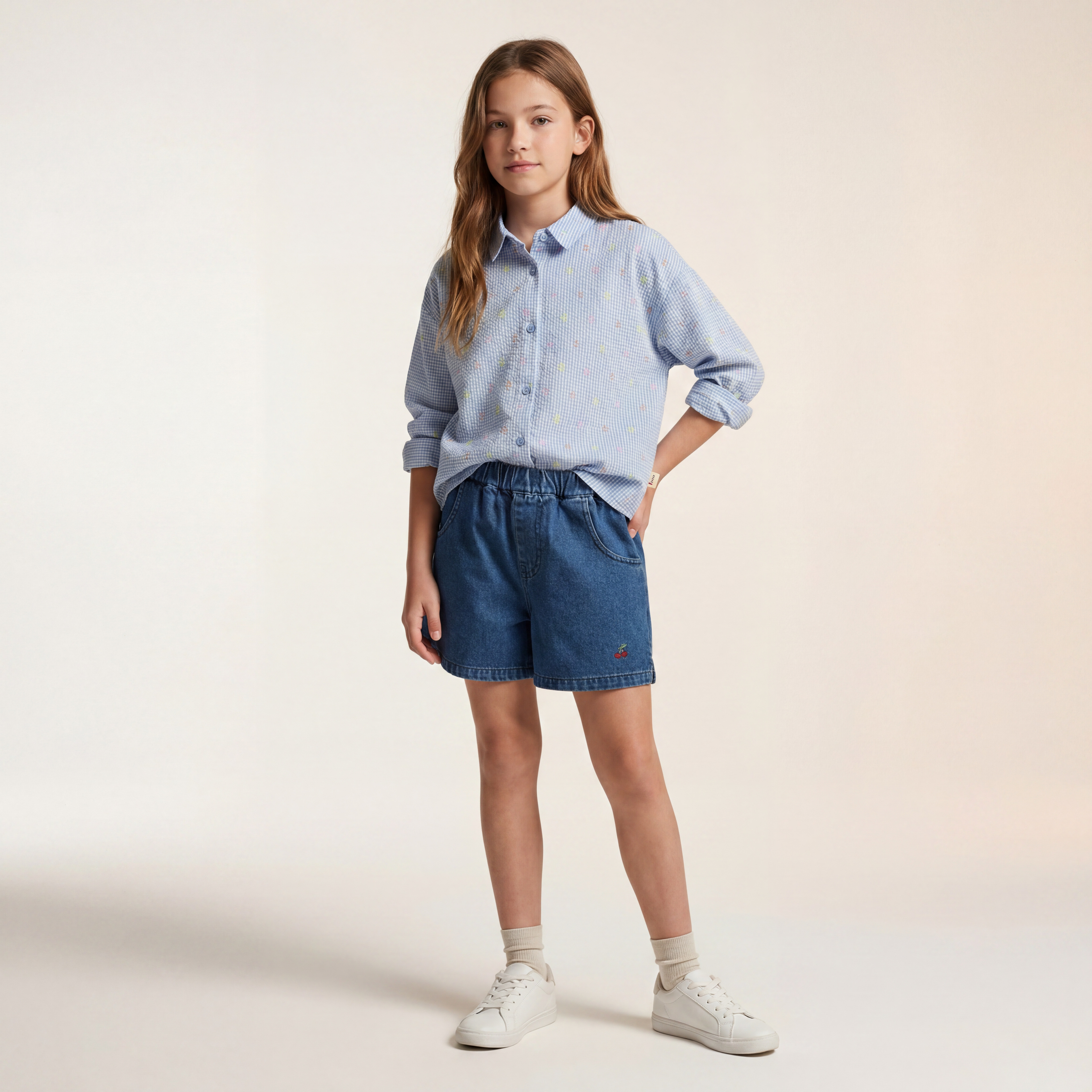 Girls Blue Shirt &amp; Denim Shorts Set