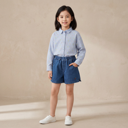 Girls Blue Shirt &amp; Denim Shorts Set