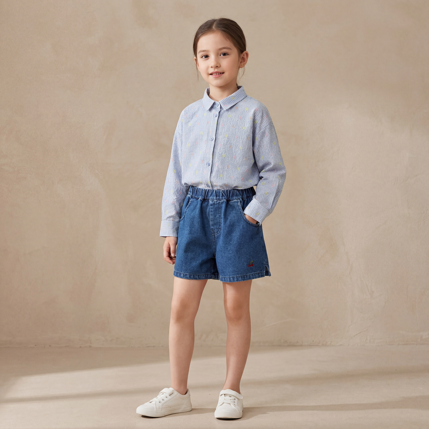 Girls Blue Shirt &amp; Denim Shorts Set