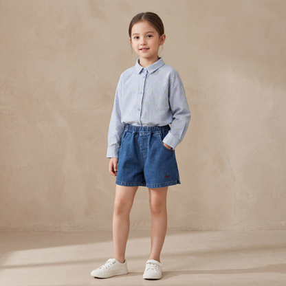 Girls Blue Shirt &amp; Denim Shorts Set