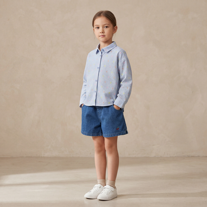 Girls Blue Shirt &amp; Denim Shorts Set
