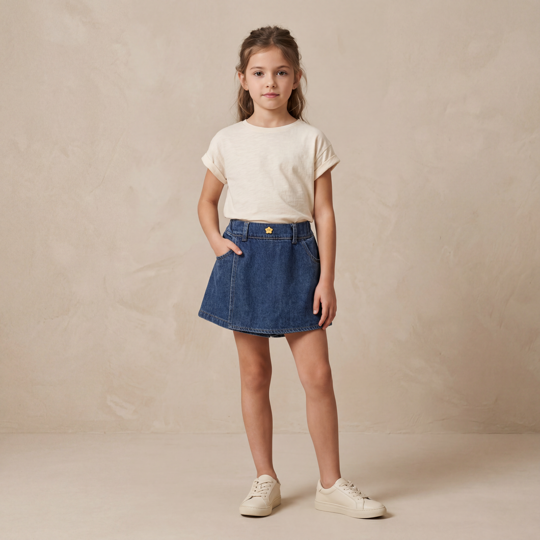 Girls Blue Denim Skirt with Built-In Shorts
