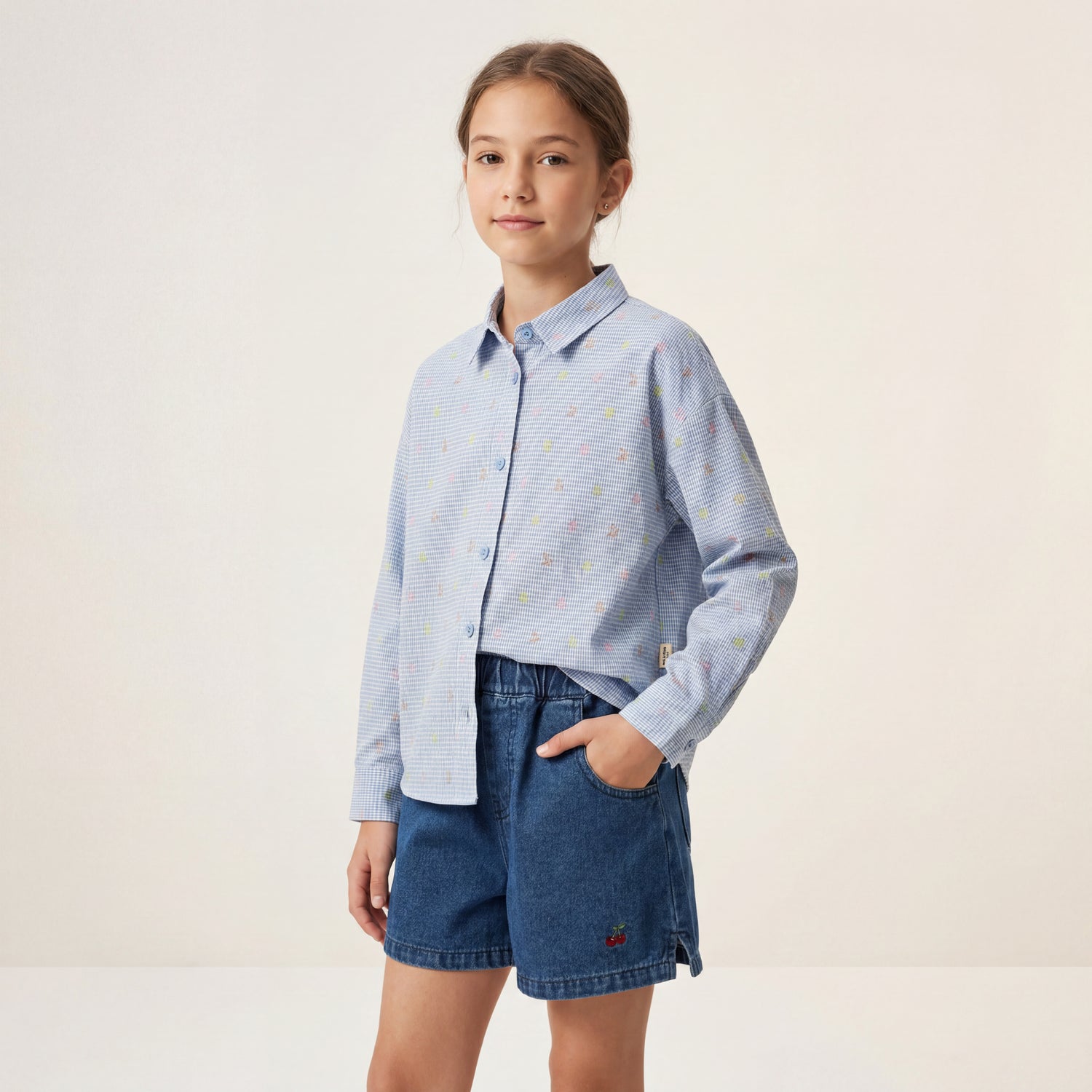 Girls Blue Shirt &amp; Denim Shorts Set