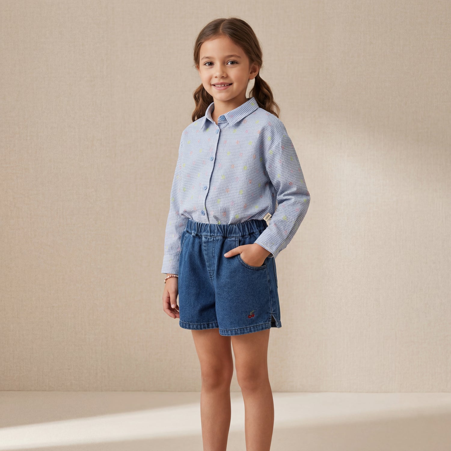 Girls Blue Shirt &amp; Denim Shorts Set