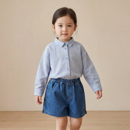 Girls Blue Shirt &amp; Denim Shorts Set