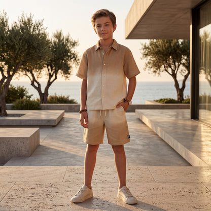 Boys Desert Sand Linen Blend Shirt &amp; Shorts Set