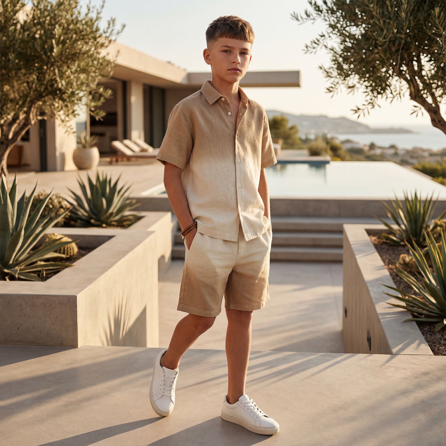 Boys Desert Sand Linen Blend Shirt &amp; Shorts Set