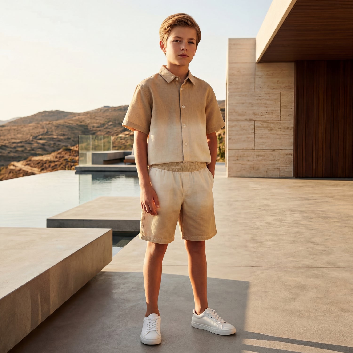 Boys Desert Sand Linen Blend Shirt &amp; Shorts Set