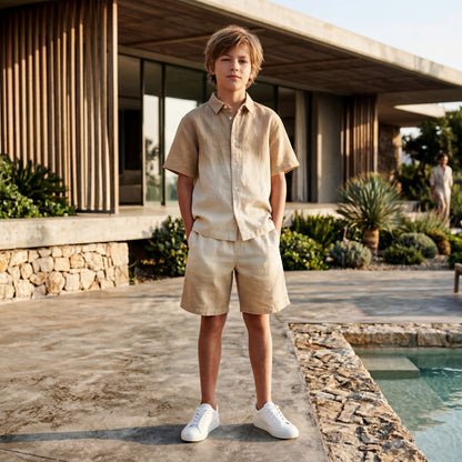 Boys Desert Sand Linen Blend Shirt &amp; Shorts Set