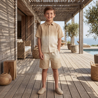 Boys Desert Sand Linen Blend Shirt &amp; Shorts Set