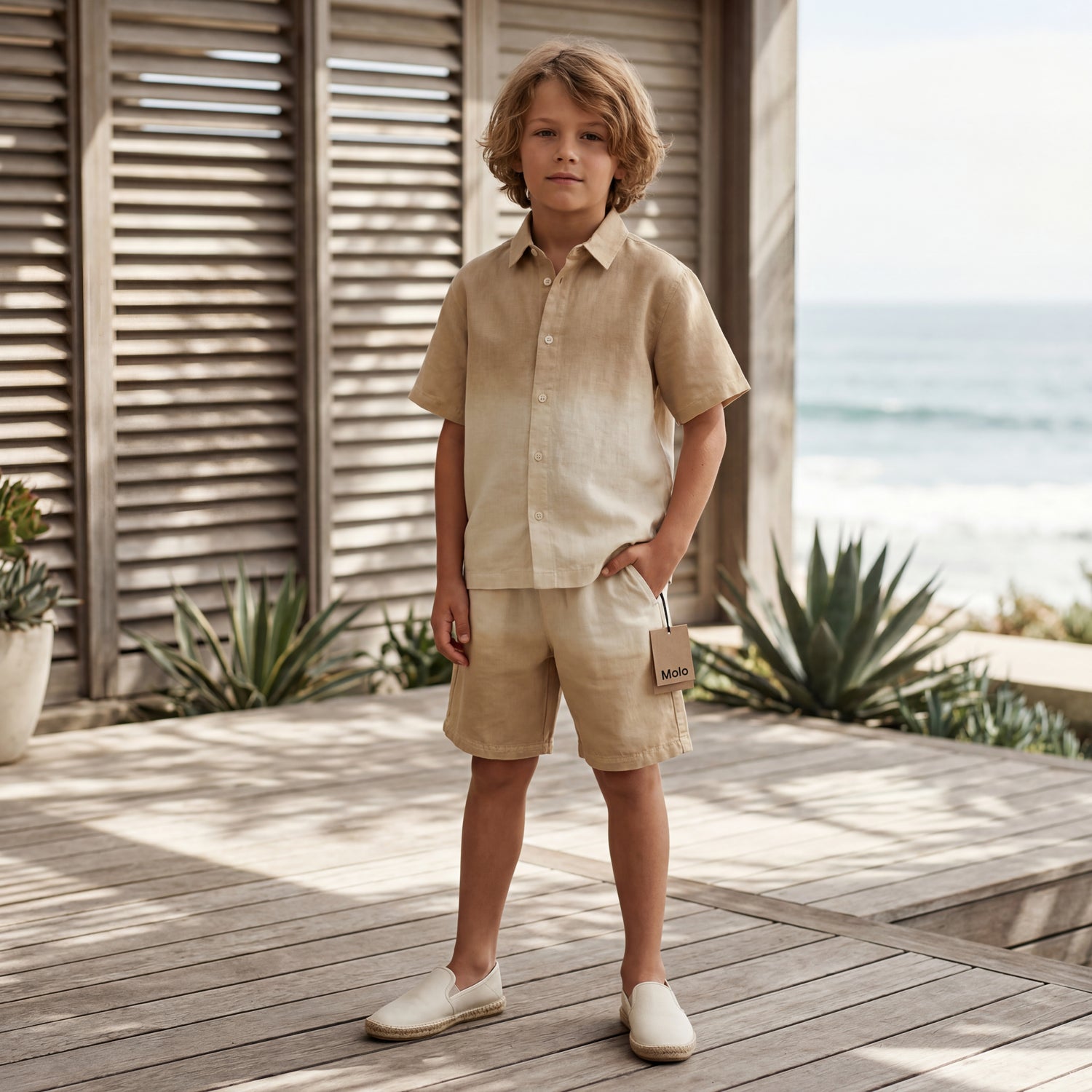 Boys Desert Sand Linen Blend Shirt &amp; Shorts Set