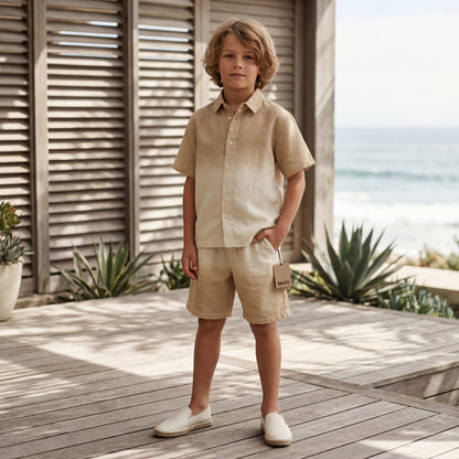 Boys Desert Sand Linen Blend Shirt &amp; Shorts Set