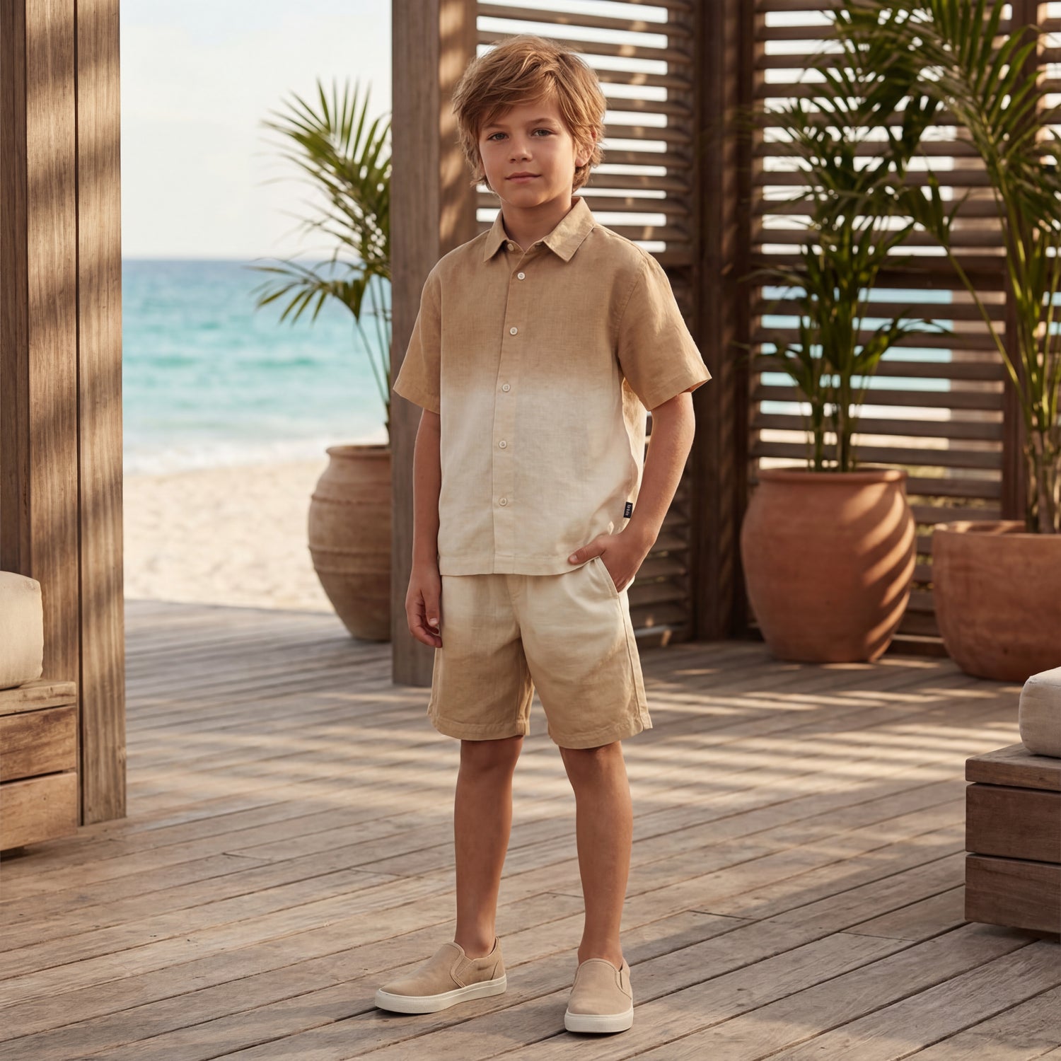 Boys Desert Sand Linen Blend Shirt &amp; Shorts Set