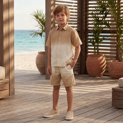 Boys Desert Sand Linen Blend Shirt &amp; Shorts Set