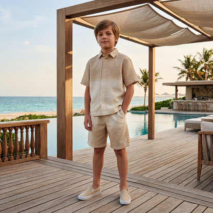 Boys Desert Sand Linen Blend Shirt &amp; Shorts Set