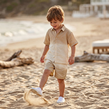 Boys Desert Sand Linen Blend Shirt &amp; Shorts Set