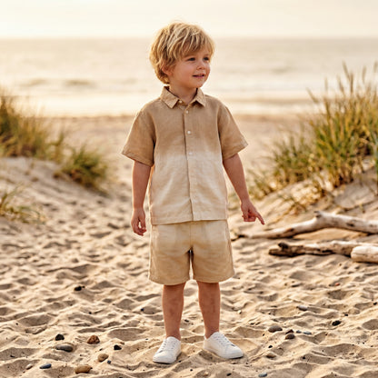 Boys Desert Sand Linen Blend Shirt &amp; Shorts Set