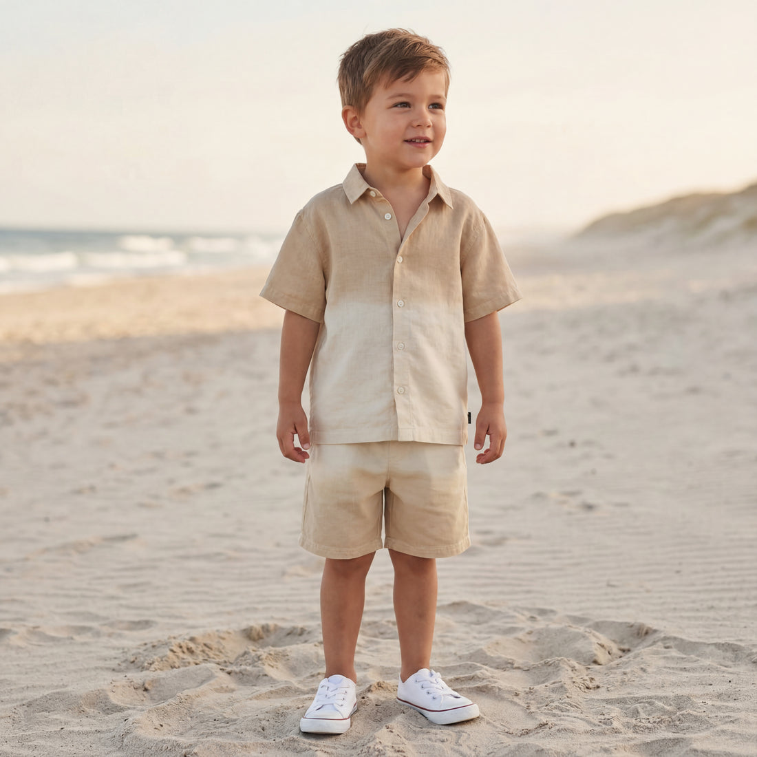 Boys Desert Sand Linen Blend Shirt &amp; Shorts Set