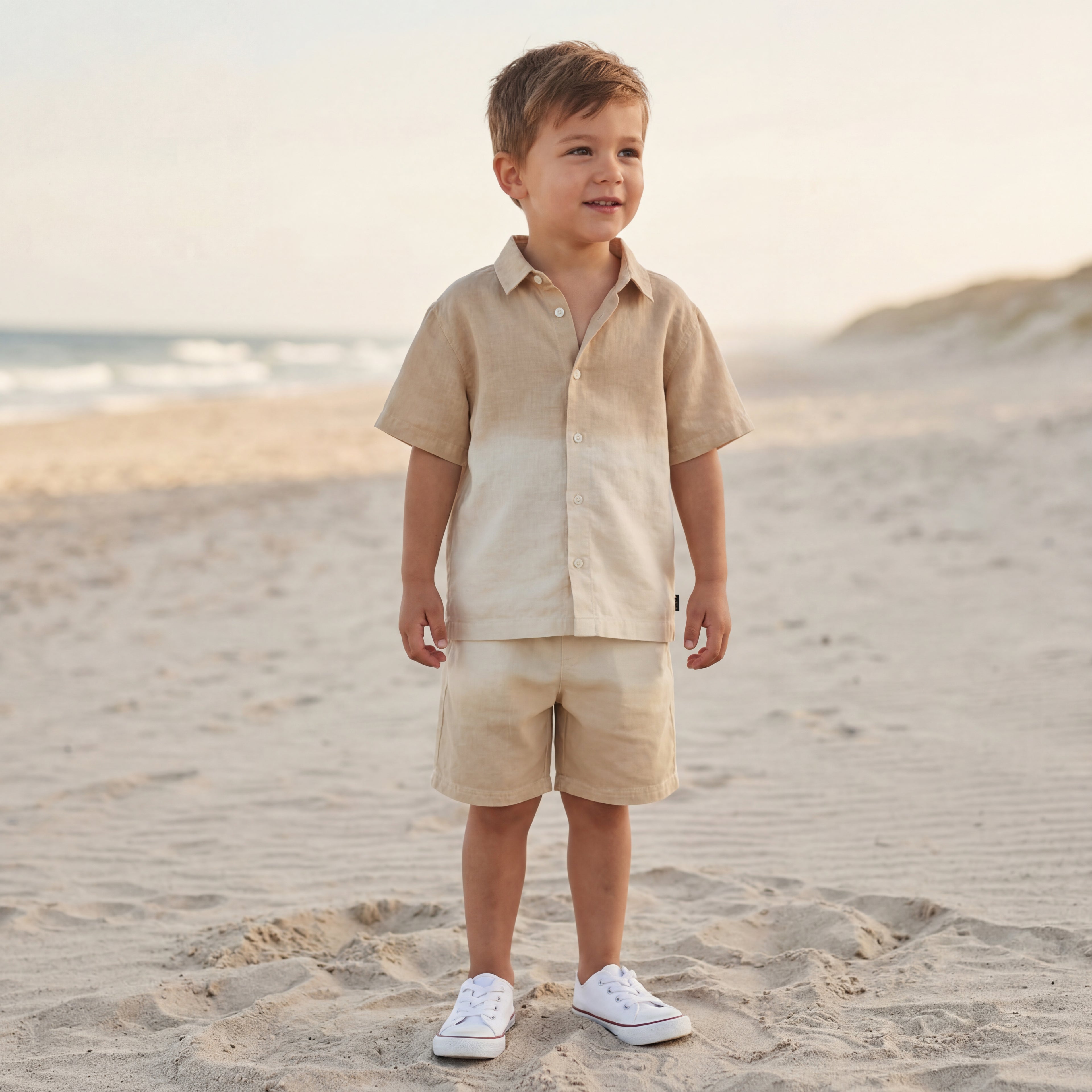Boys Desert Sand Linen Blend Shirt &amp; Shorts Set