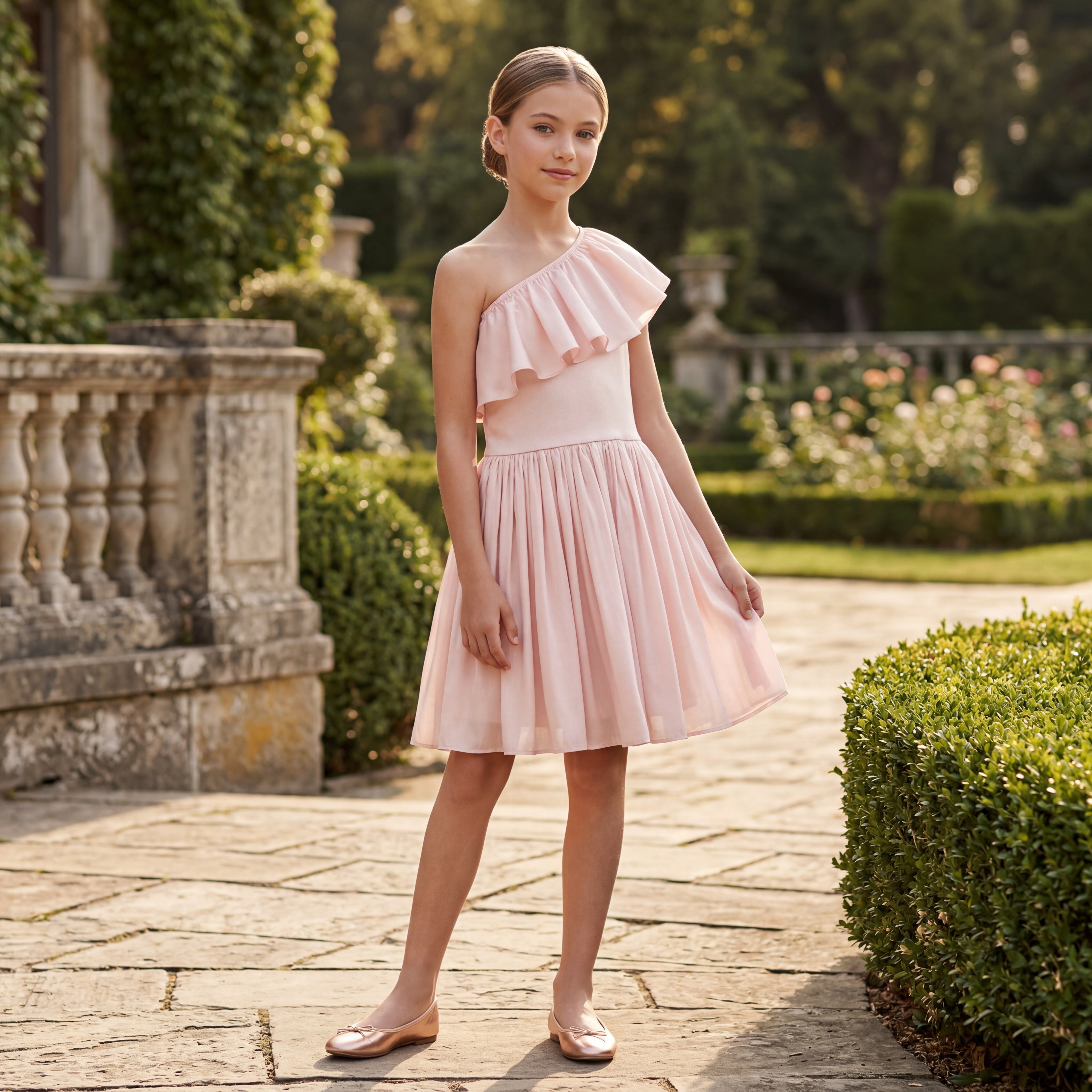 Girls Cloud Pink One-Shoulder Dress