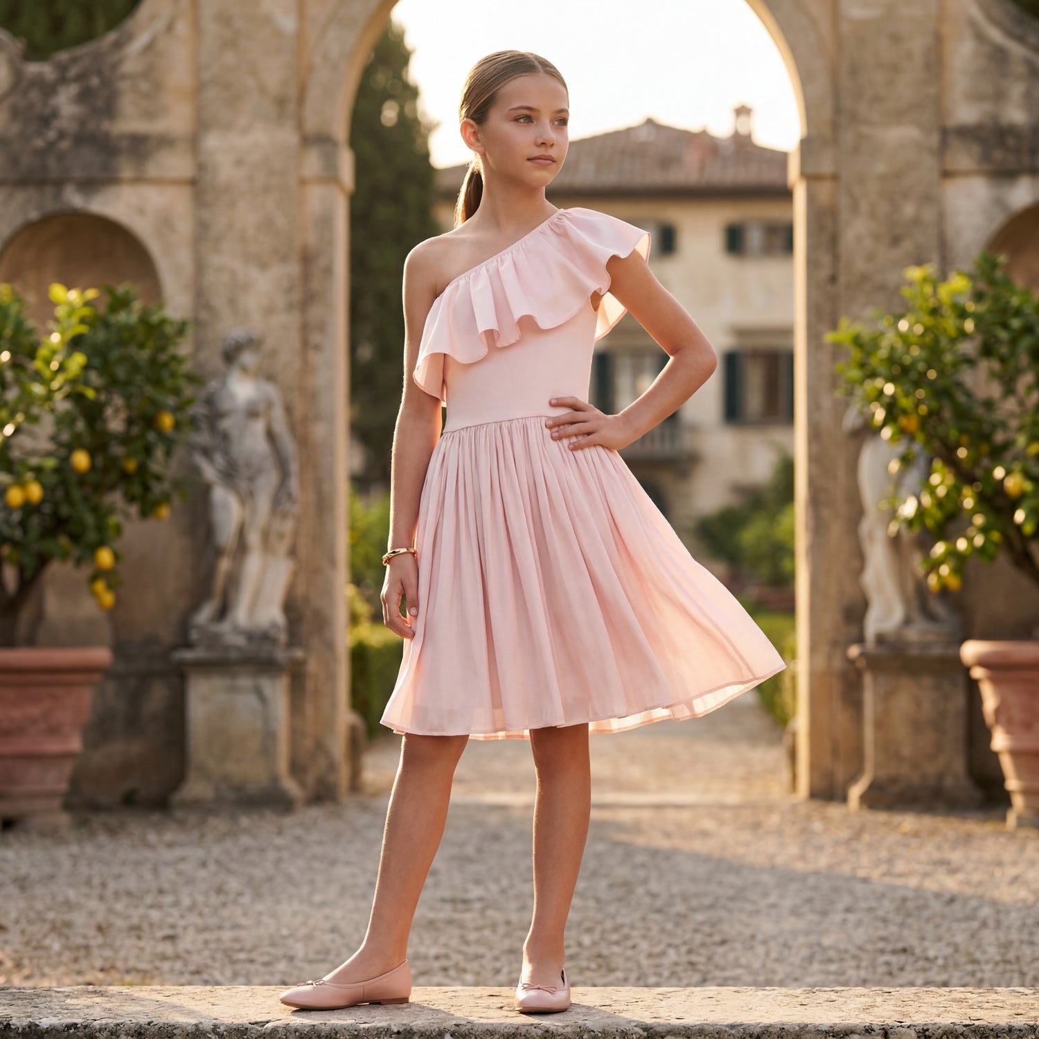 Girls Cloud Pink One-Shoulder Dress