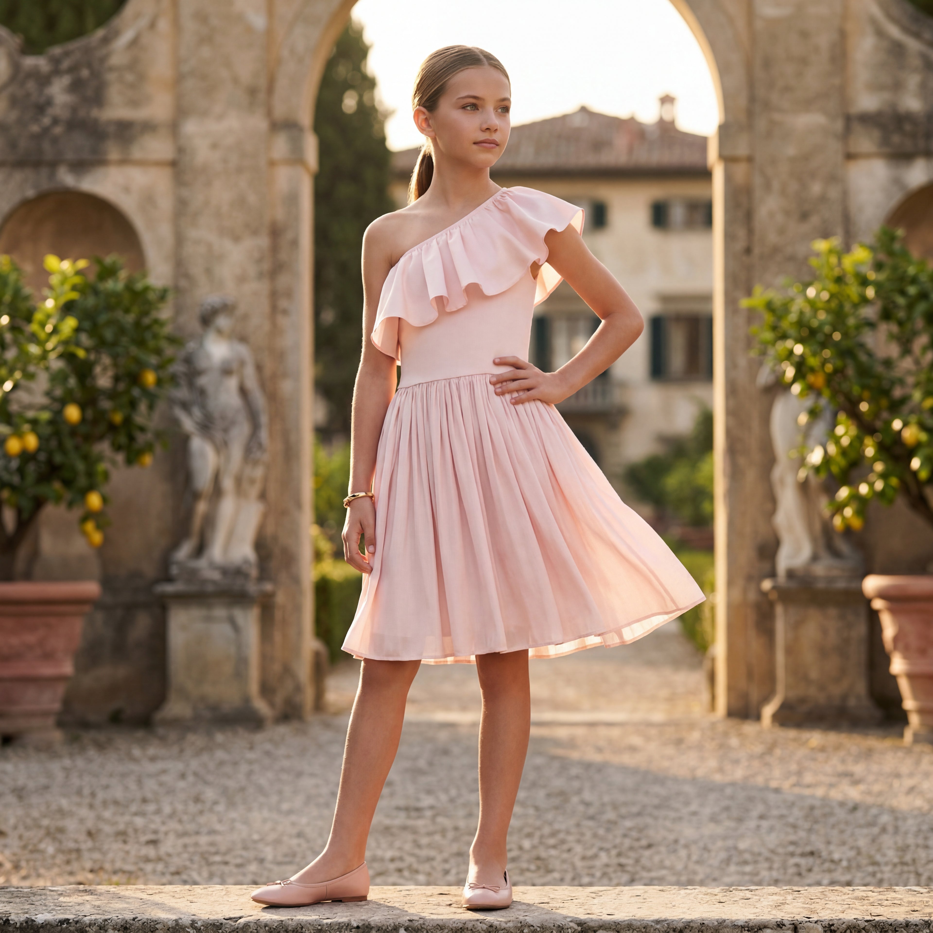 Girls Cloud Pink One-Shoulder Dress