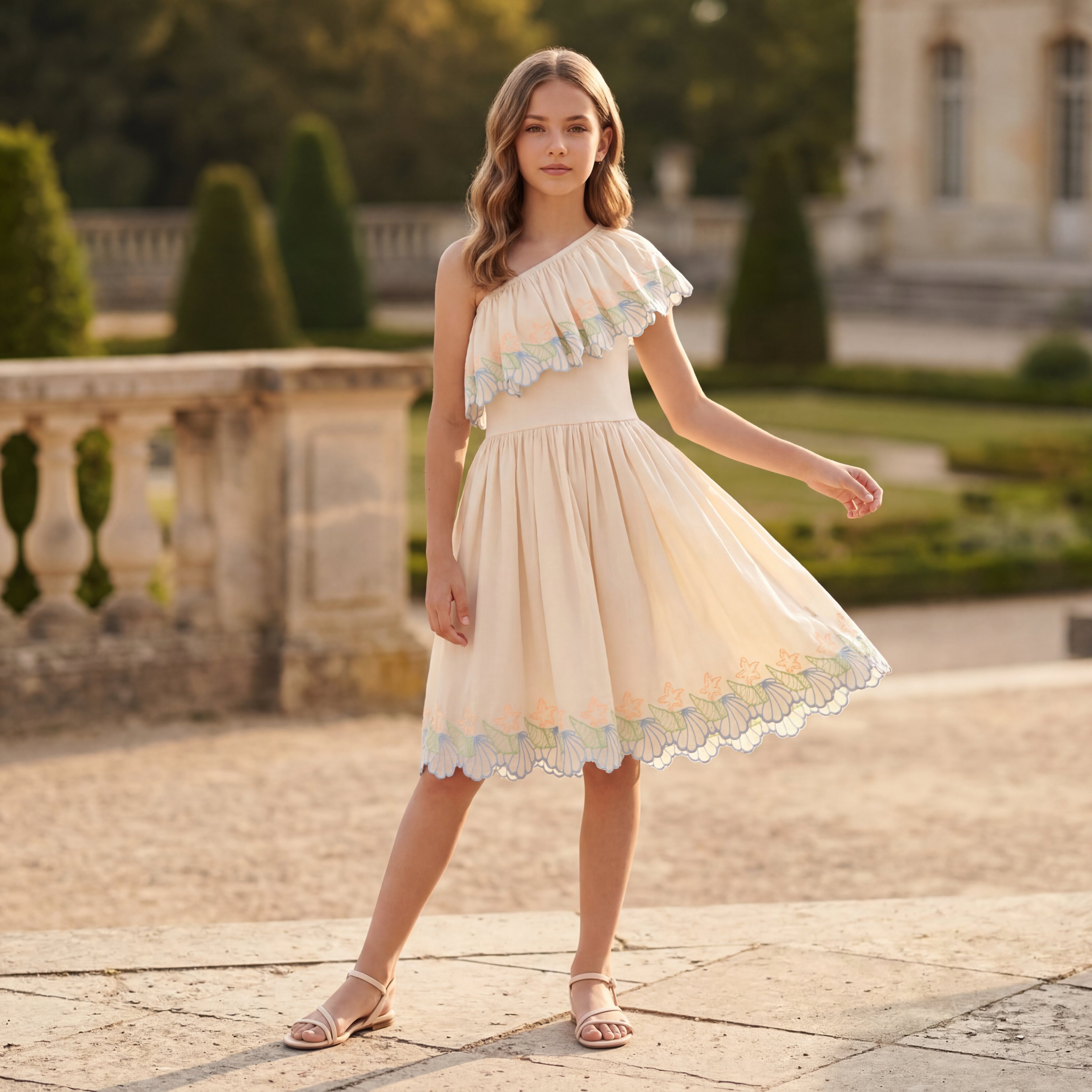 Girls Pearled Ivory One-Shoulder Dress