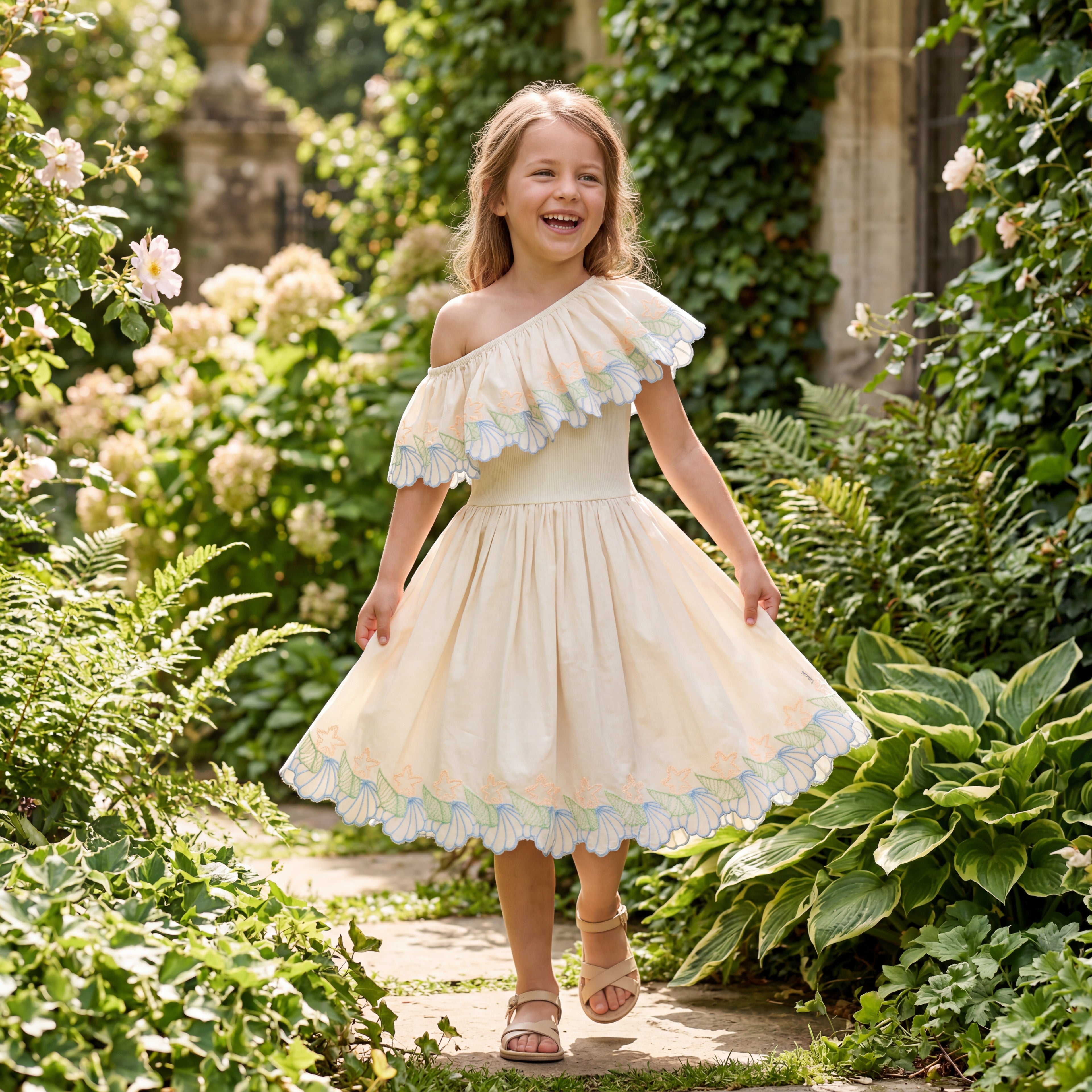 Girls Pearled Ivory One-Shoulder Dress
