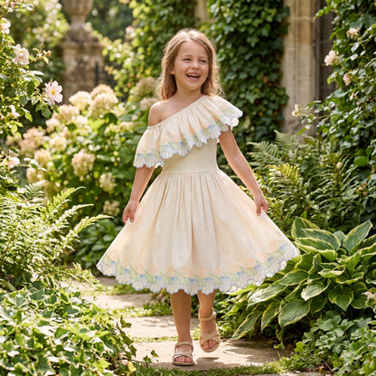Girls Pearled Ivory One-Shoulder Dress