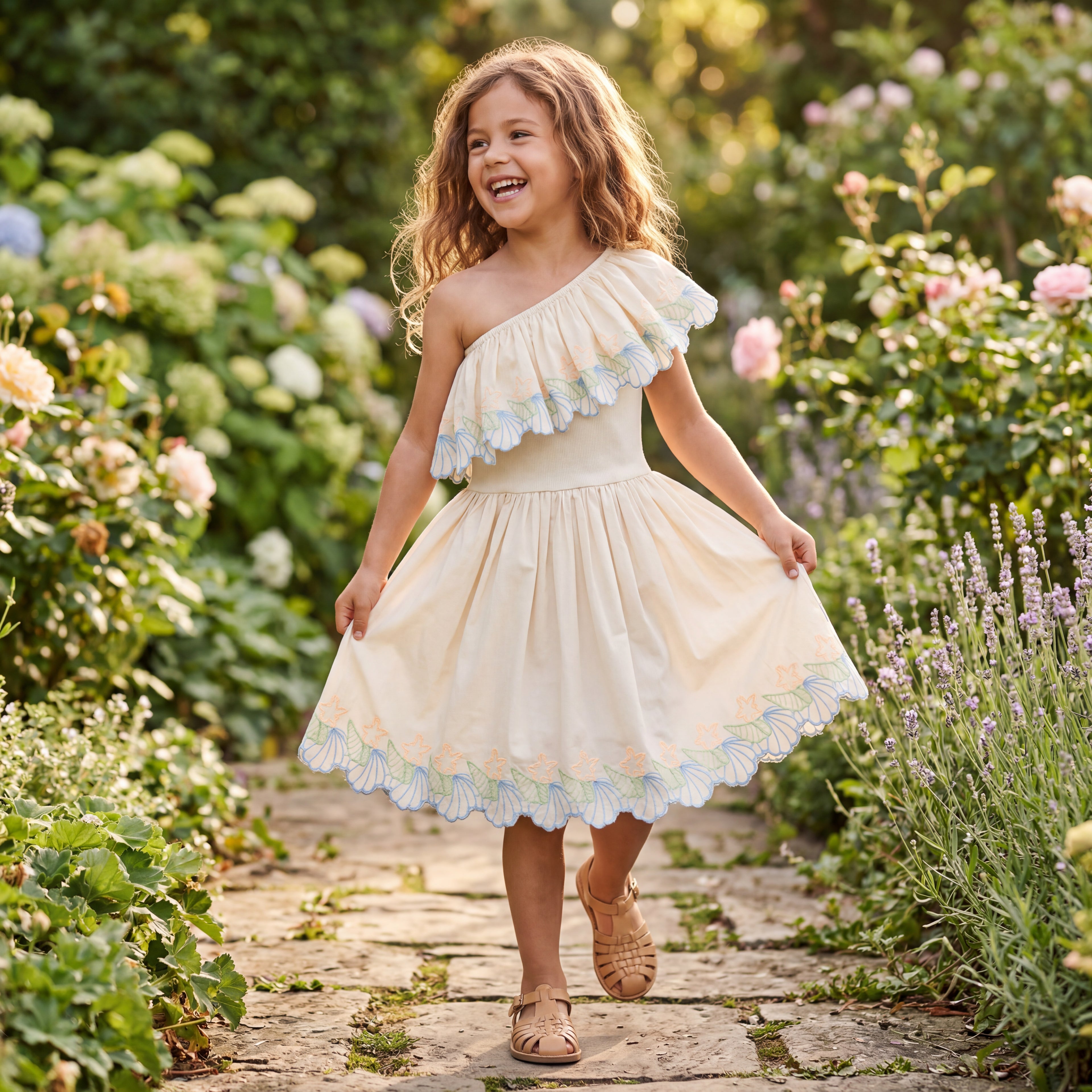 Girls Pearled Ivory One-Shoulder Dress