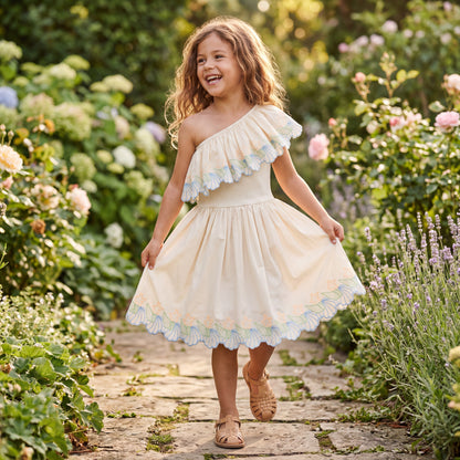 Girls Pearled Ivory One-Shoulder Dress