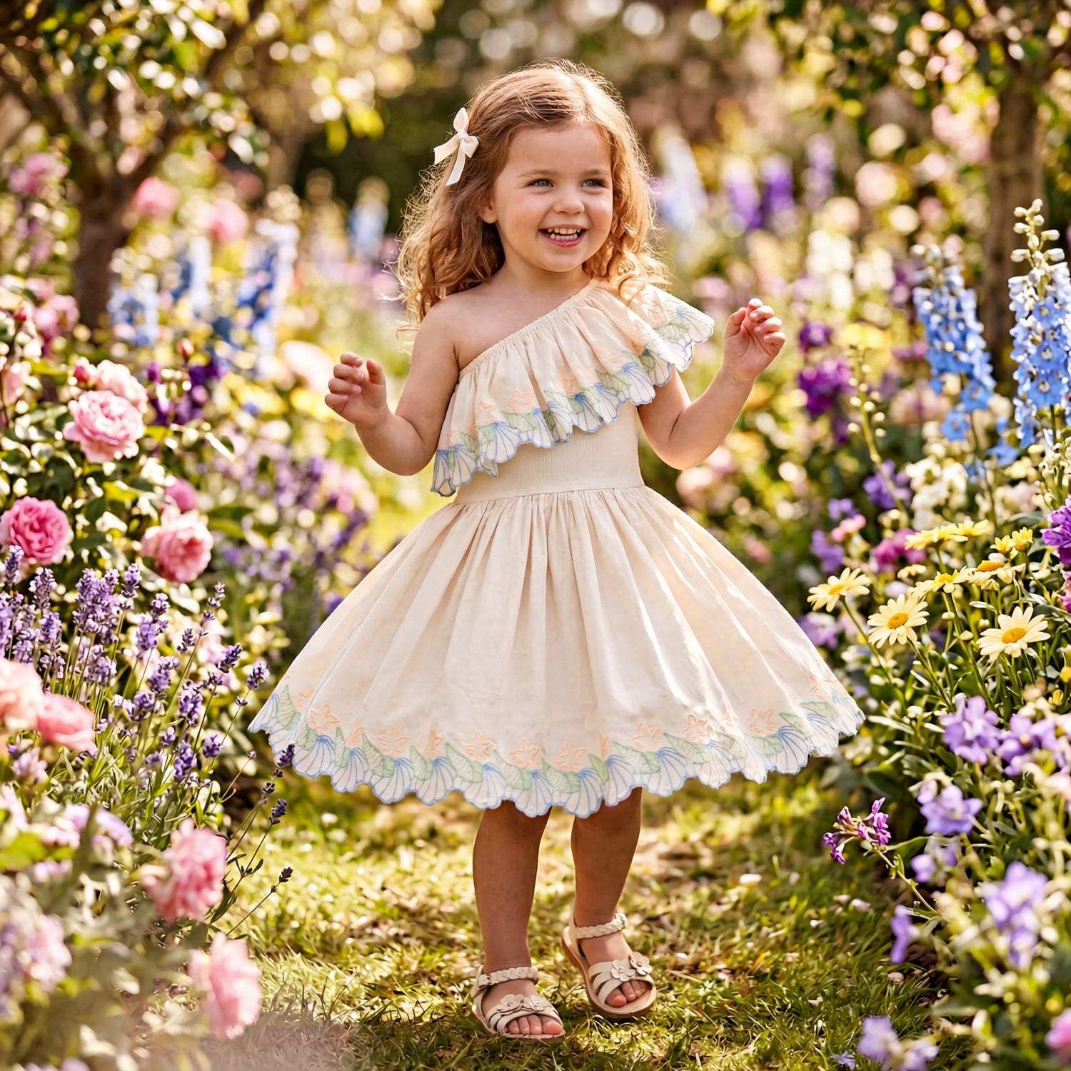 Girls Pearled Ivory One-Shoulder Dress