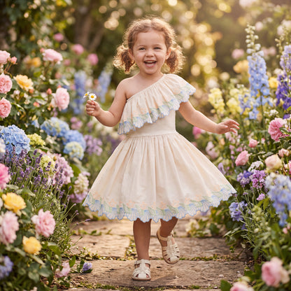 Girls Pearled Ivory One-Shoulder Dress