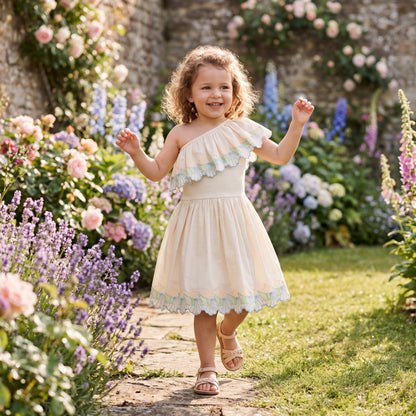 Girls Pearled Ivory One-Shoulder Dress