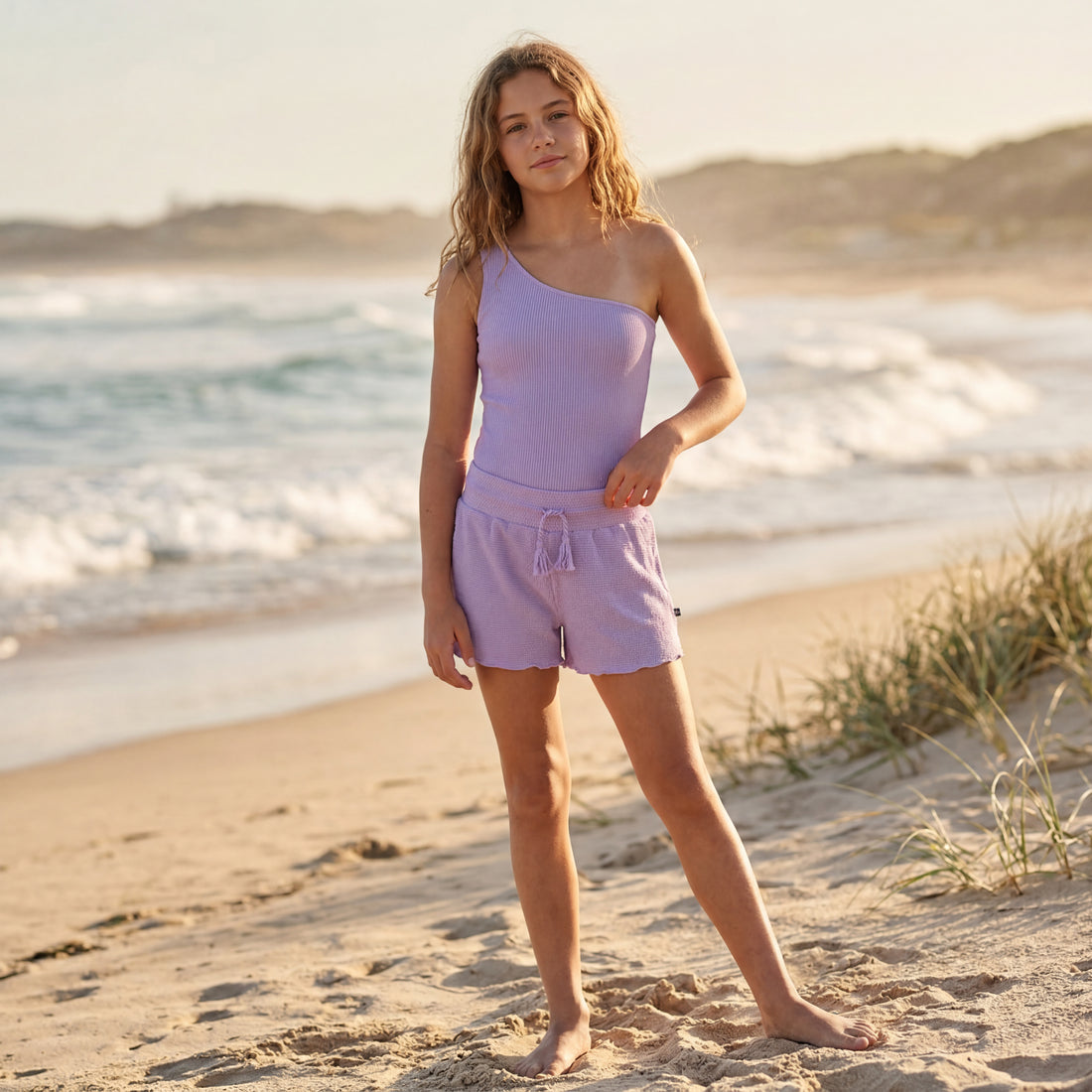 Lavender Gold Shimmer Girls Swimsuit and Shorts Set
