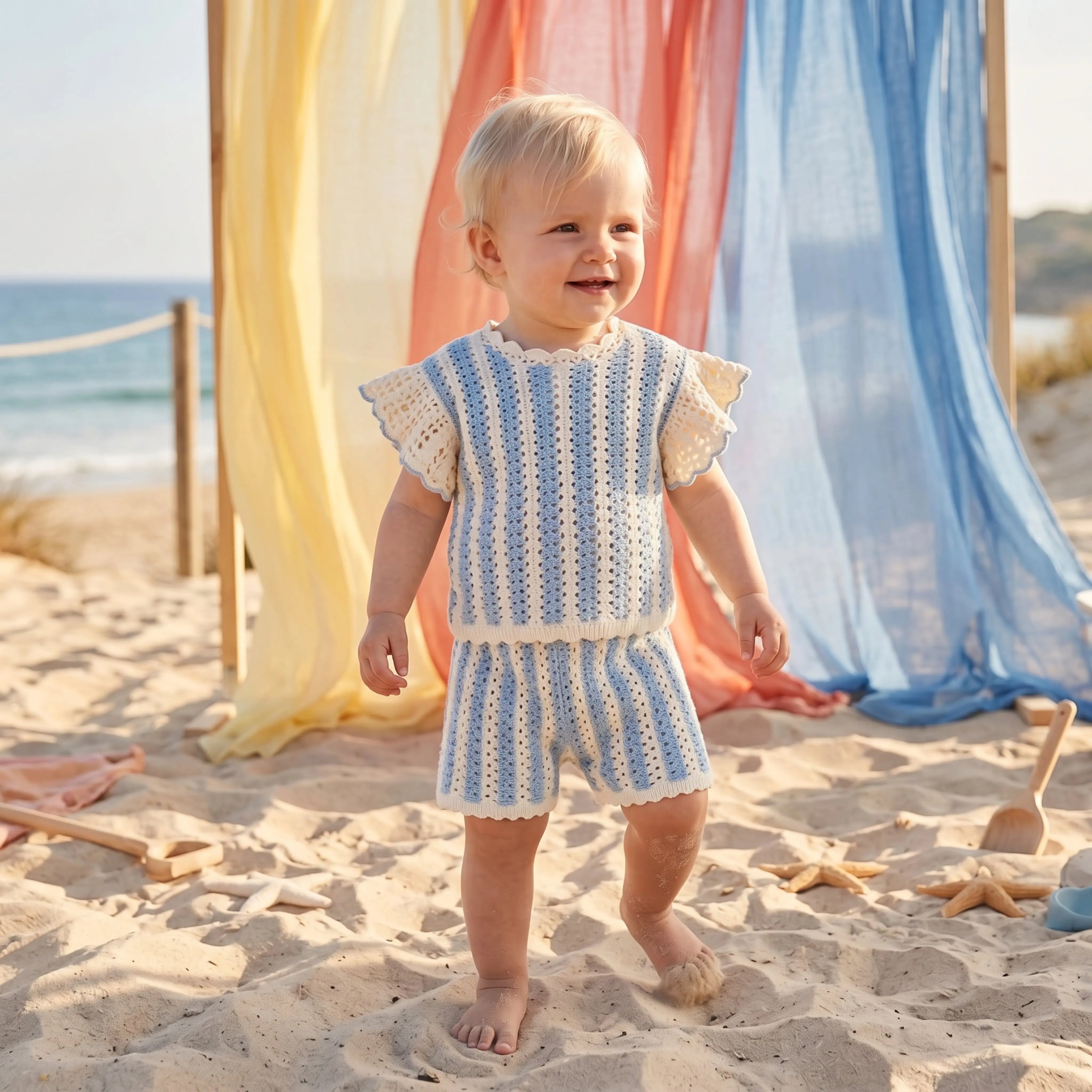 Lyse Knit Top &amp; Mekylane Blue Striped Shorts Set for Girls LOUISE MISHA