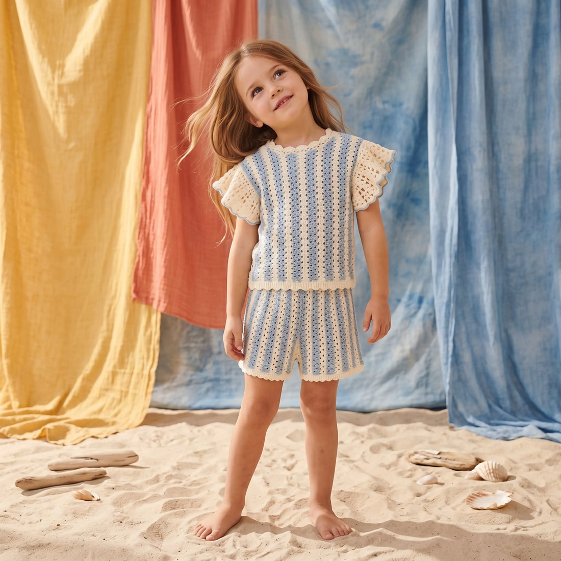 Lyse Knit Top &amp; Mekylane Blue Striped Shorts Set for Girls LOUISE MISHA
