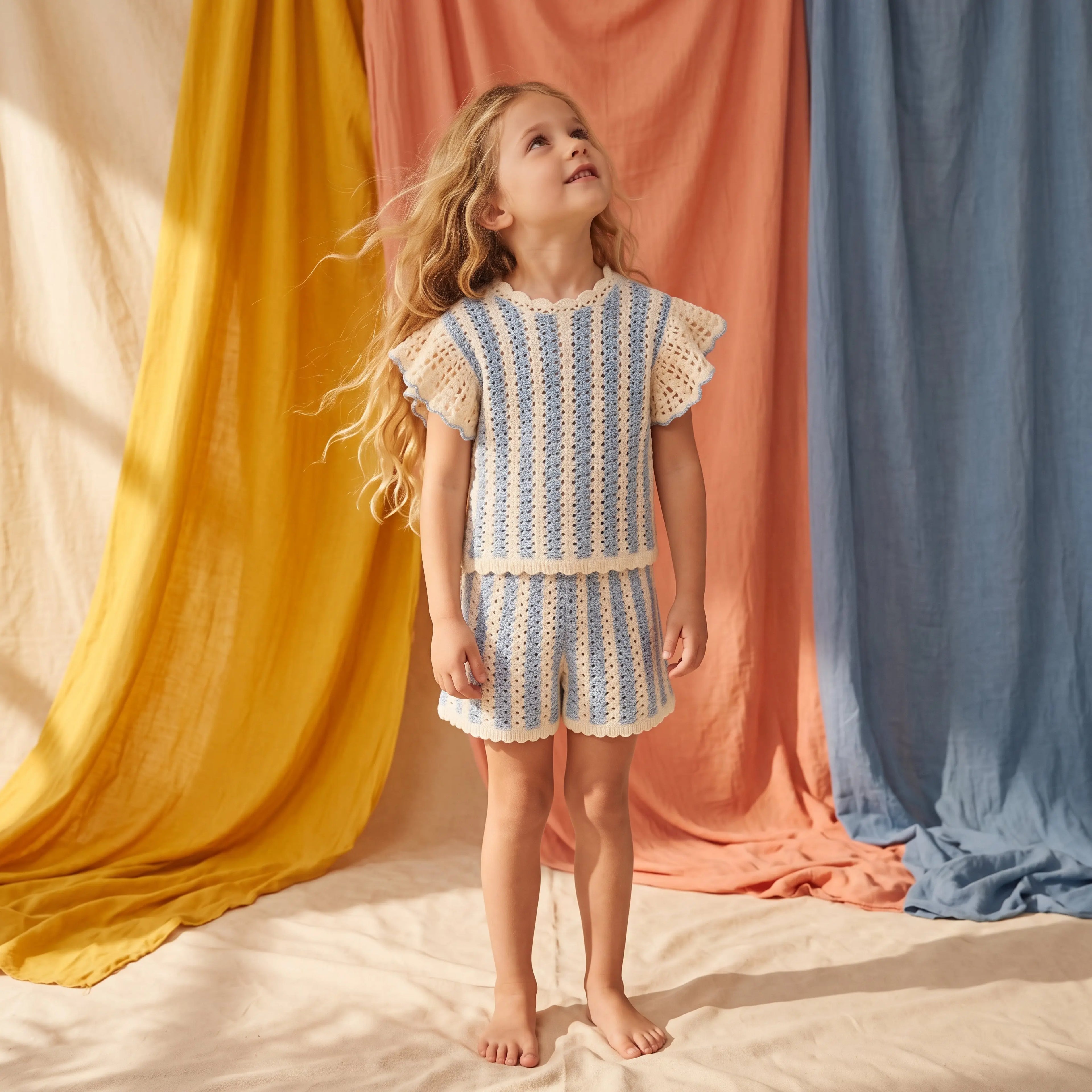 Lyse Knit Top &amp; Mekylane Blue Striped Shorts Set for Girls LOUISE MISHA