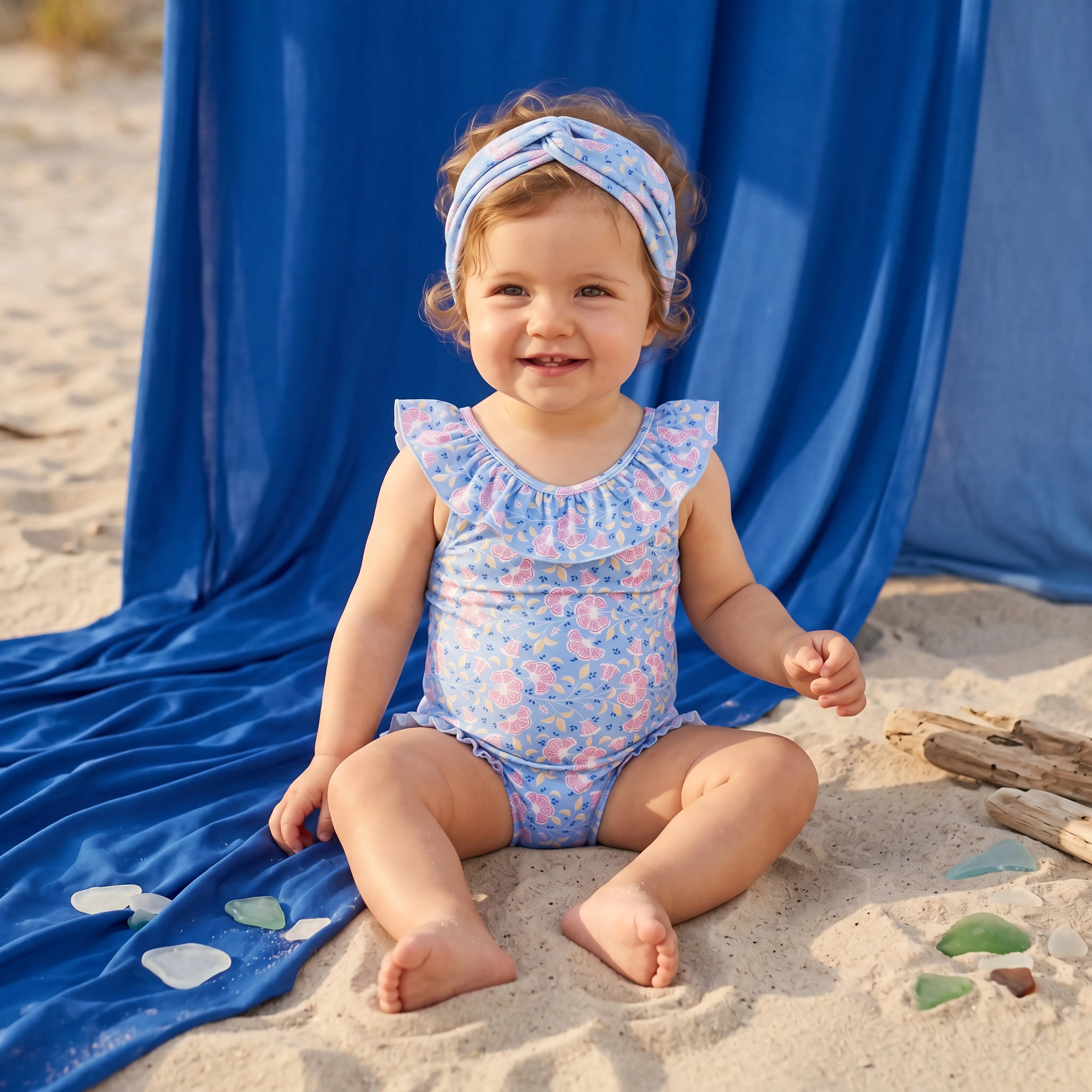 Andrea Blue Hibiscus Bay One-Piece Swimsuit for Girls LOUISE MISHA