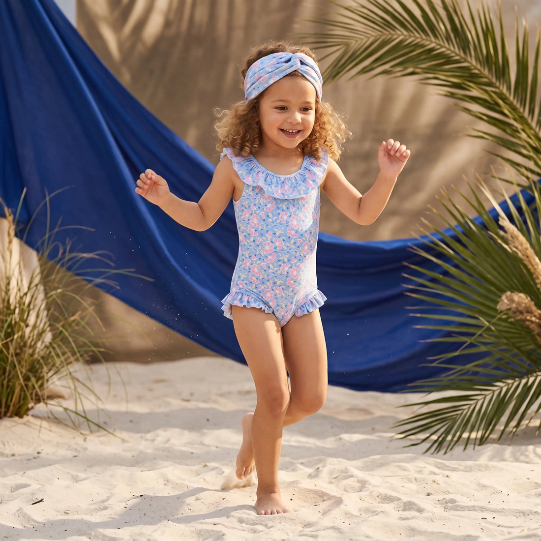 Andrea Blue Hibiscus Bay One-Piece Swimsuit for Girls LOUISE MISHA