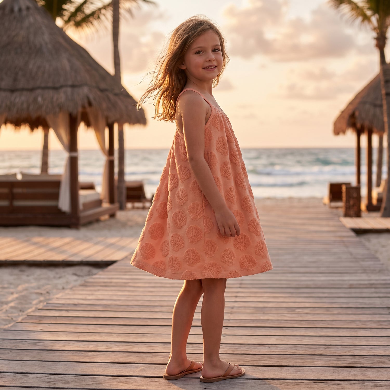 Girls Shell Coral Embossed Terry Dress