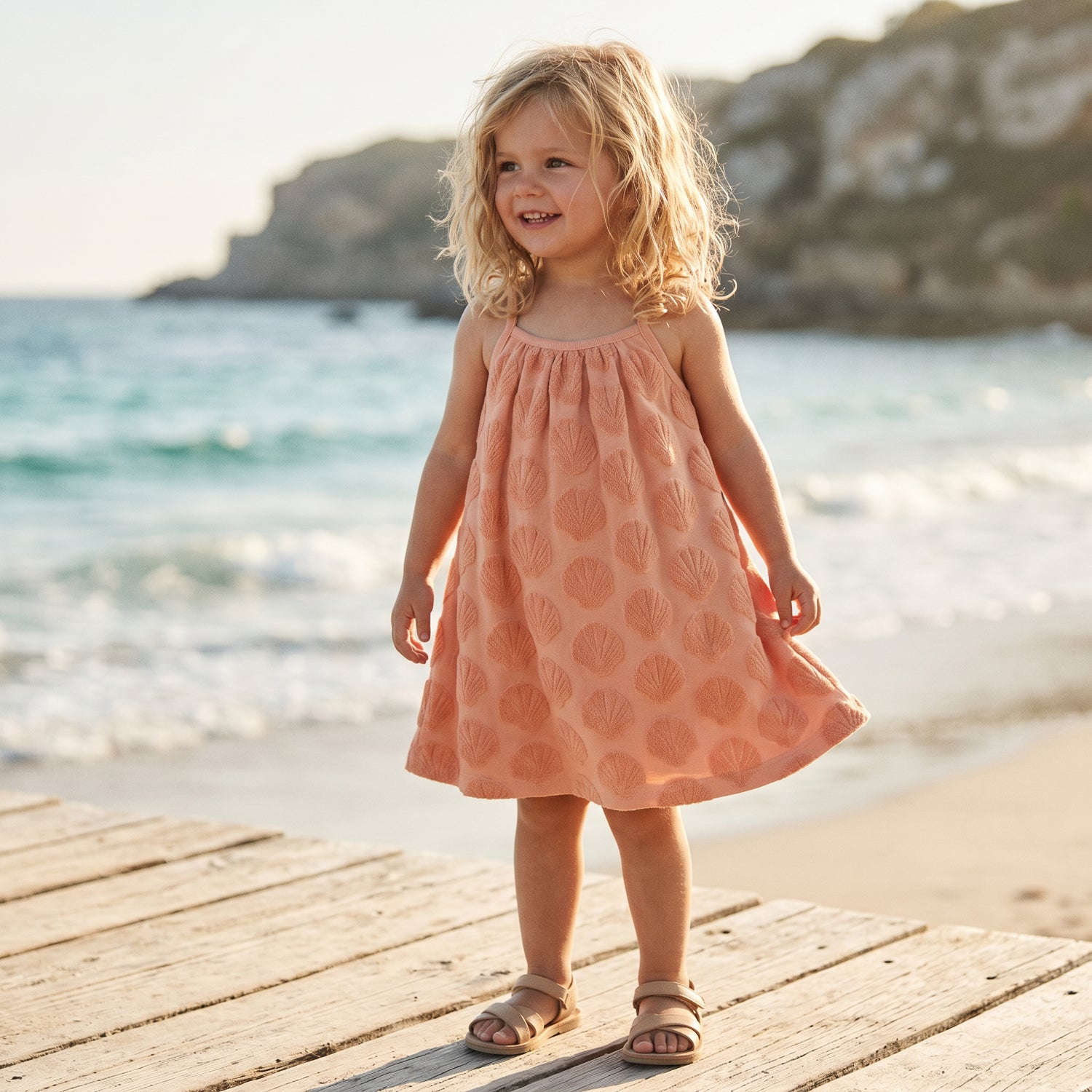 Girls Shell Coral Embossed Terry Dress