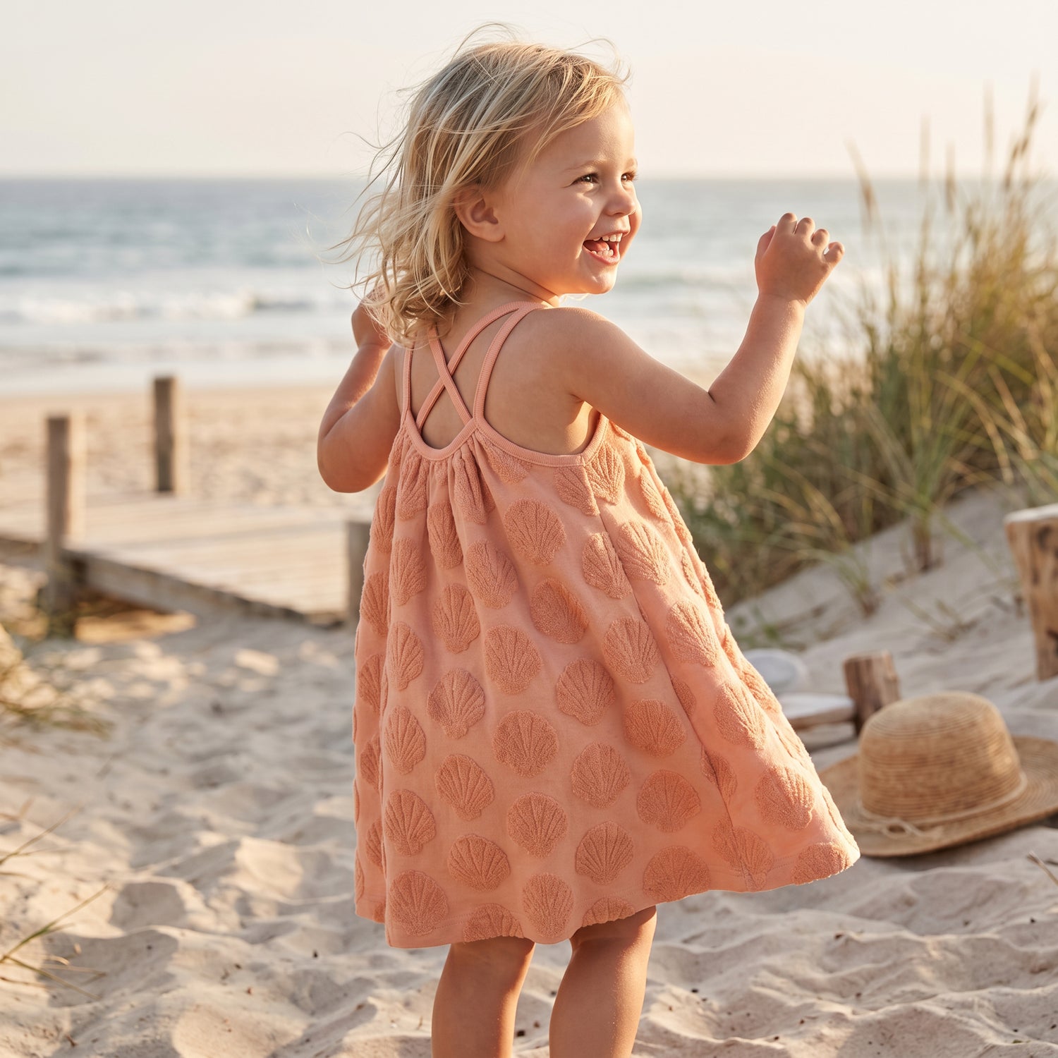 Girls Shell Coral Embossed Terry Dress