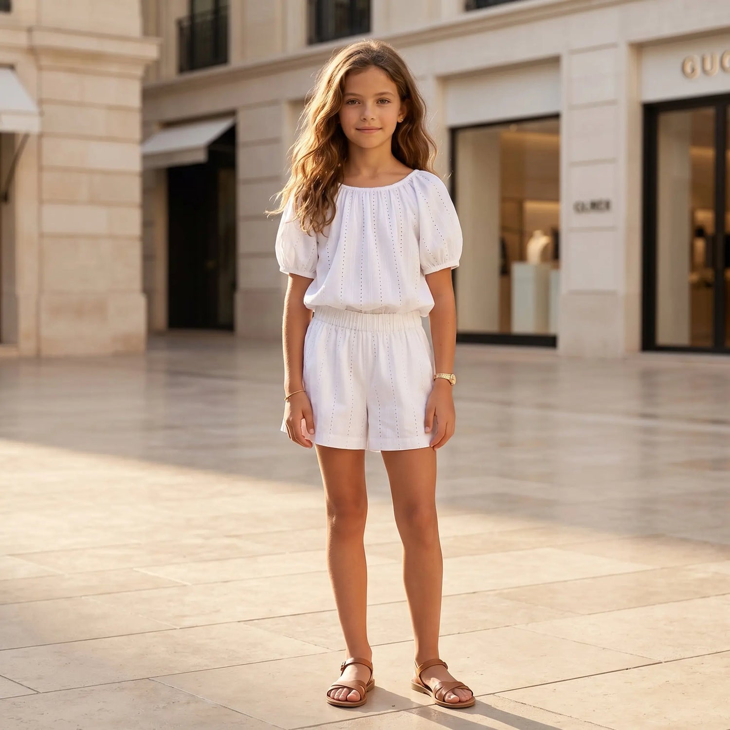 Girls White Rhinestone Poplin Top &amp; Bermuda Shorts Set YELL OH!