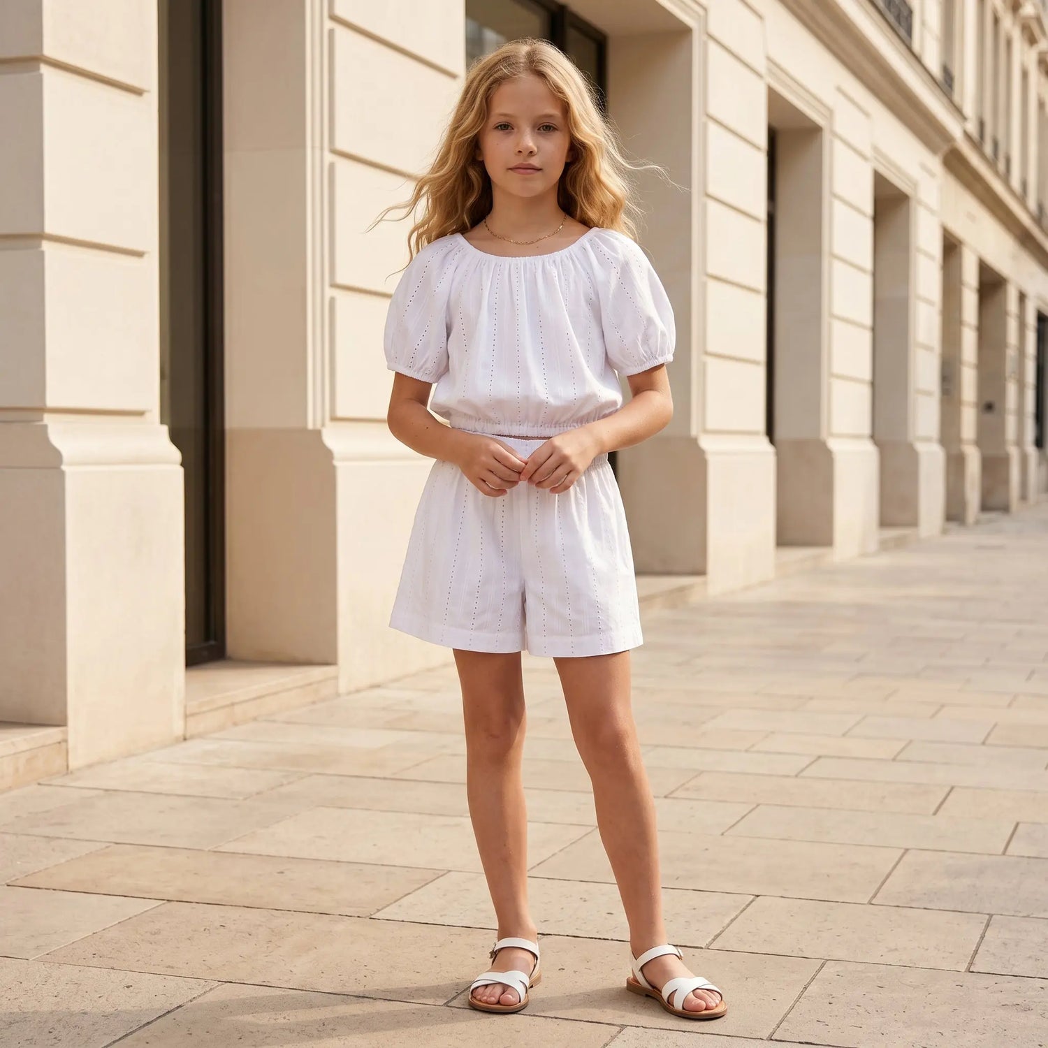 Girls White Rhinestone Poplin Top &amp; Bermuda Shorts Set YELL OH!
